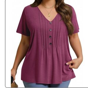 BloomChic Plus Size Solid Pleated Front Button Detail V Neck T-shirt